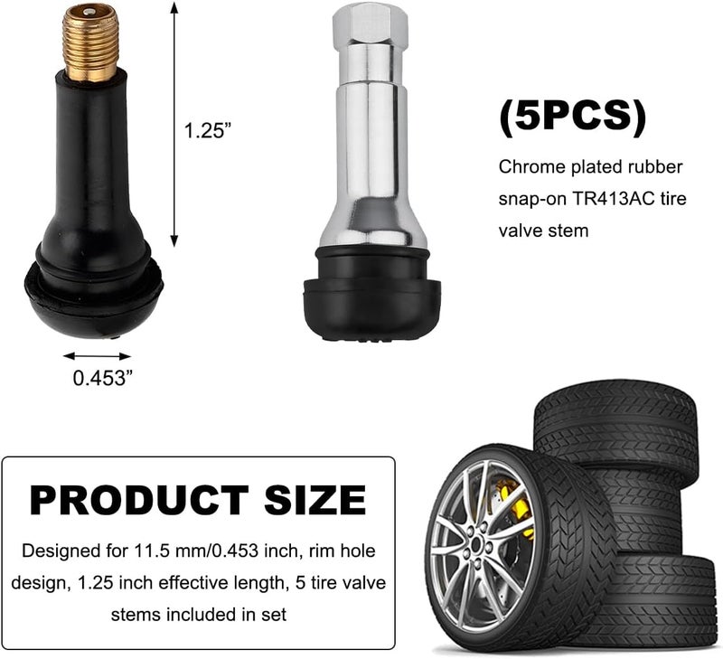 KVAEY 5 PCS TR413AC Tire Valve Stems, Chrome Rubber Tubeless Valve Stems Suit for 0.453 inch Rim Holes, Snap-in Tyre Metal Stems for Standard Vehicle Tires, Car Accessories (Black) - Image 2